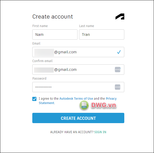 Nhập các thông tin đăng ký gồm họ tên, email và mật khẩu